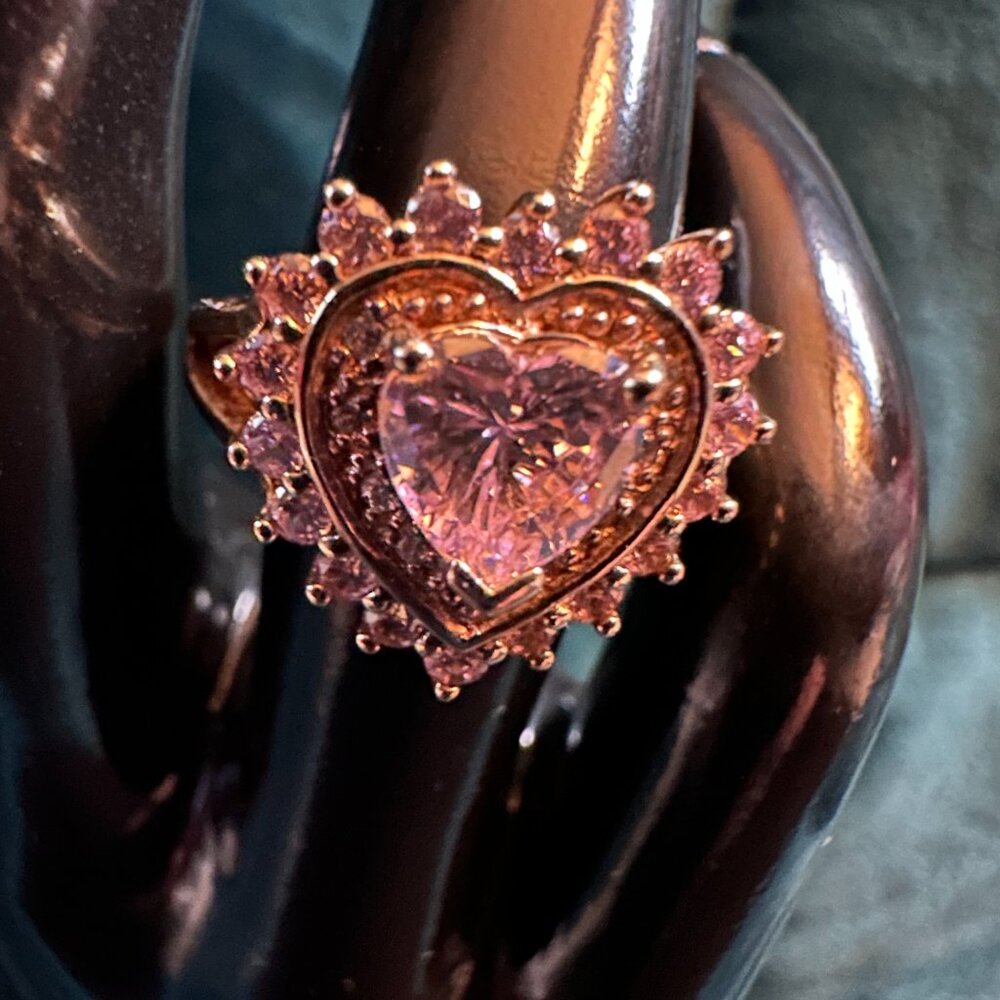 Pink CZ heart gold tone  cocktail ring sz 6.5 HSN